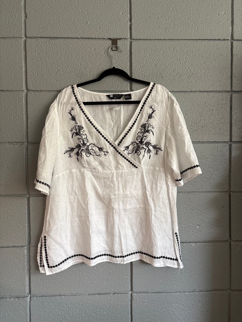 Vintage Carole 100% Linen Empire Embroidered Peasant Blouse size 1X